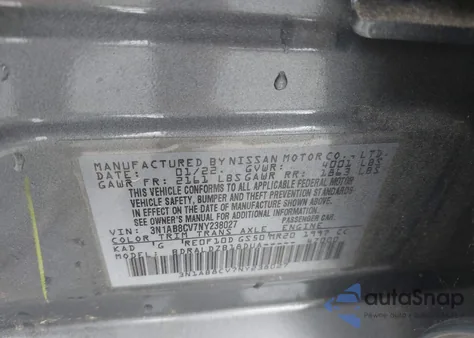 2022 Nissan Sentra Sv Xtronic Cvt из США, поврежденный, VIN 3N1AB8CV7NY238027